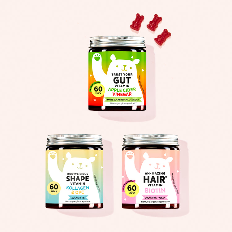 3er Set "Spring Beauty Bundle" bestehend aus den Trust Your Gut Vitamins mit Apfelessig, den Bootylicious Shape Vitamins mit Kollagen und OPC und den Ah-mazing Hair Vitamins zuckerfrei mit Biotin von Bears with Benefits