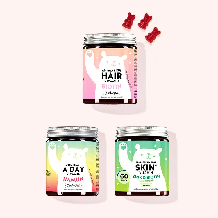 3er Set " Starter Kit: Trio für Haar, Haut & Wohlbefinden" bestehend aus den Ah-mazing Hait Vitamins zuckerfrei mit Biotin, den One Bear A Day Vitamins mit Immunkomplex und den All Clear My Dear Vitamins mit Hanfsamenöl und Zink von Bears with Benefits