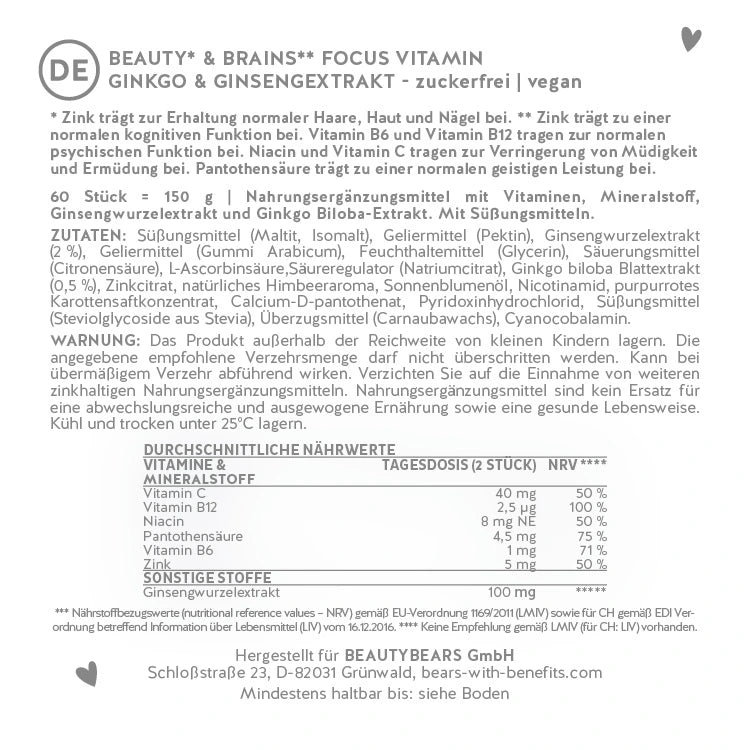 Hier siehst du die Nährstofftabelle der Beauty* & Brains** Focus Vitamin mit Ginkgo und Ginsengextrakt von Bears with Benefits.