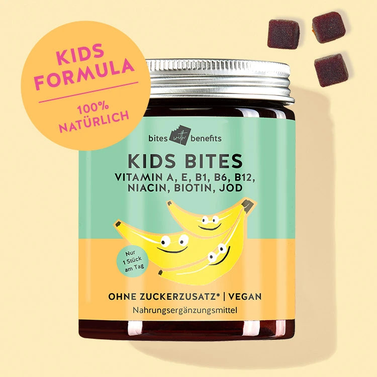 Auf diesem Bild ist eine Dose Kids Bites Multivitamin-Komplex für Kinder ab 4 Jahren abgebildet. Das Produkt ist von Bears with Benefits.