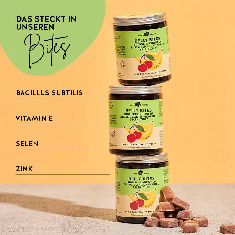 Auf diesem Bild werden die Inhaltsstoffe des Produkts Belly Bites mit biotischen Kulturen für Immunsystem von Bears with Benefits erklärt.