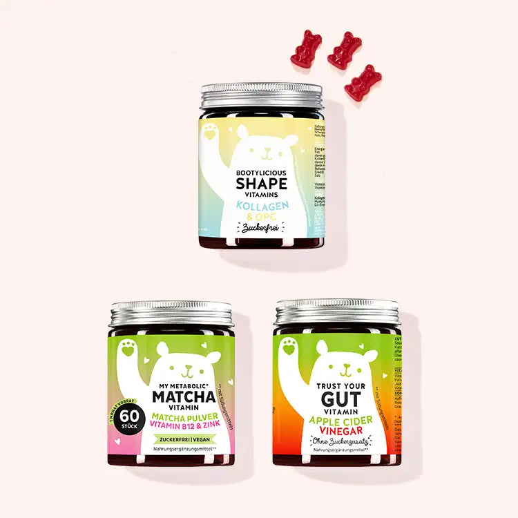 Body and Mind Trio mit My Metabolic Matcha mit Matcha Pulver sowie Bootylicious Shape mit Kollagen und Trust your Gut mit Apfelessig von Bears with Benefits.