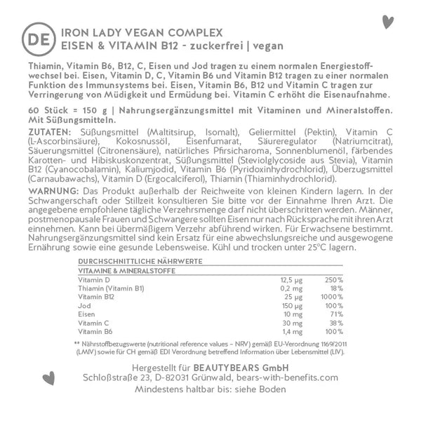 Hier findest Du die Nährstoffliste unserer Einsen Bärchen Iron Lady Vegan Complex