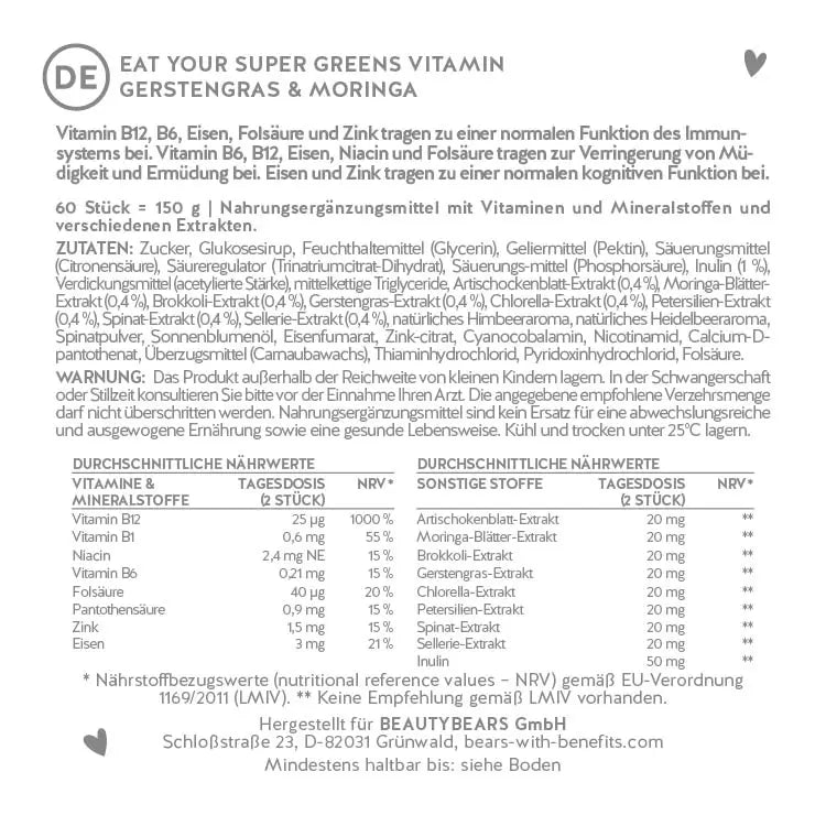 Auf diesem Bild ist das Label von Bears with Benefits Eat your Super Greens Vitamins abgebildet.