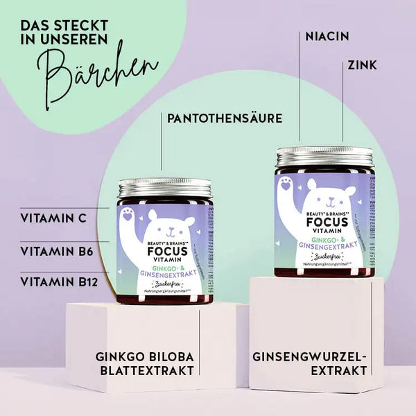  Auf diesem Bild sind die Inhaltsstoffe der Beauty & Brains Focus Bärchen mit Ginkgo & Ginsengextrakt dargestellt. Ginkgo, Ginsengwurzelextrakt, Vitamin B12, Vitamin B6, Vitamin C, Pantothensäure, Niacin und Zink.