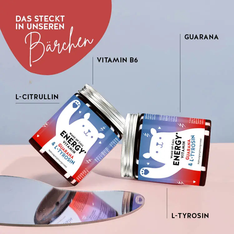 Diese Inhaltsstoffe und Nährstoffe stecken in den Wake-Up Call Energy Vitamins von Bears with Benefits: L-Citrullin, Vitamin B6, Guarana und L-Tyrosin.