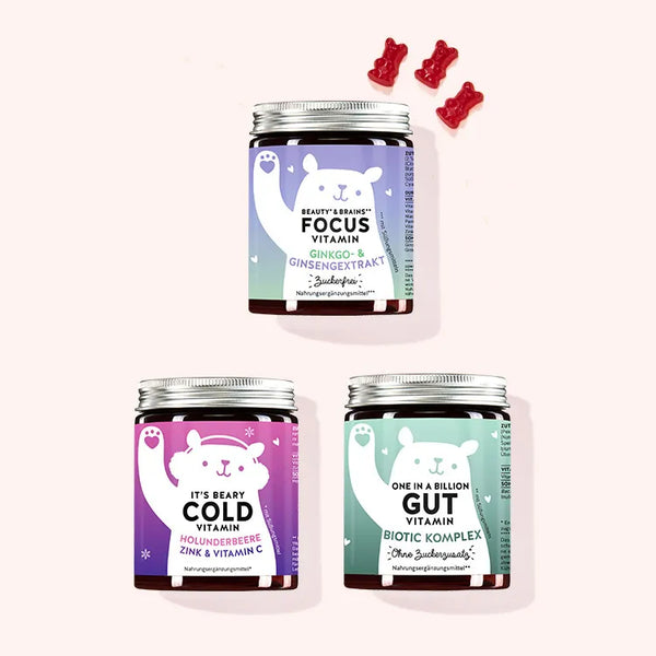 Health, Gut und Focus Trio mit Beauty & Brains Focus, It's Beary Cold und One in a Billion Gut von Bears with Benefits.