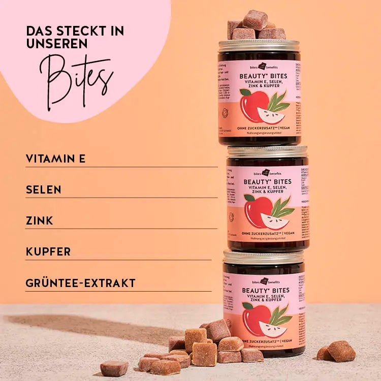 Hier siehst Du die Inhaltsstoffe unserer Beauty Bites: Vitamin E, Selen, Zink, Kupfer und Grüntee-Extrakt.