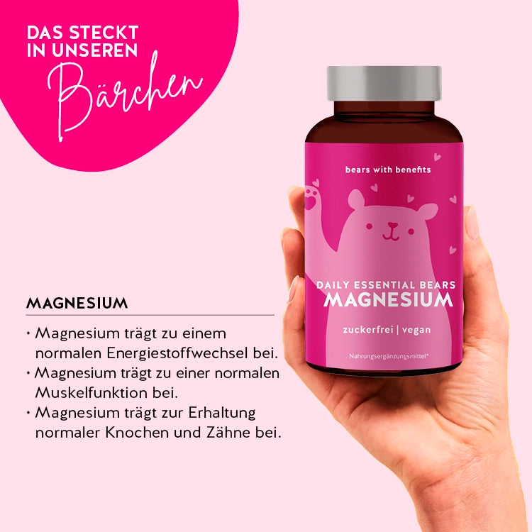 So wirken die Daily Essential Bärchen mit Magnesium: Magnesium trägt zu einem normalen Energiestoffwechsel bei, Magnesium trägt zu einer normalen Muskelfunktion bei, Magnesium trägt zur Erhaltung normaler Knochen und Zähne bei.