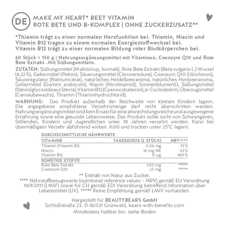 Auf diesem Bild ist das Label von Bears with Benefits You make My Heart Beet Vitamins abgebildet.