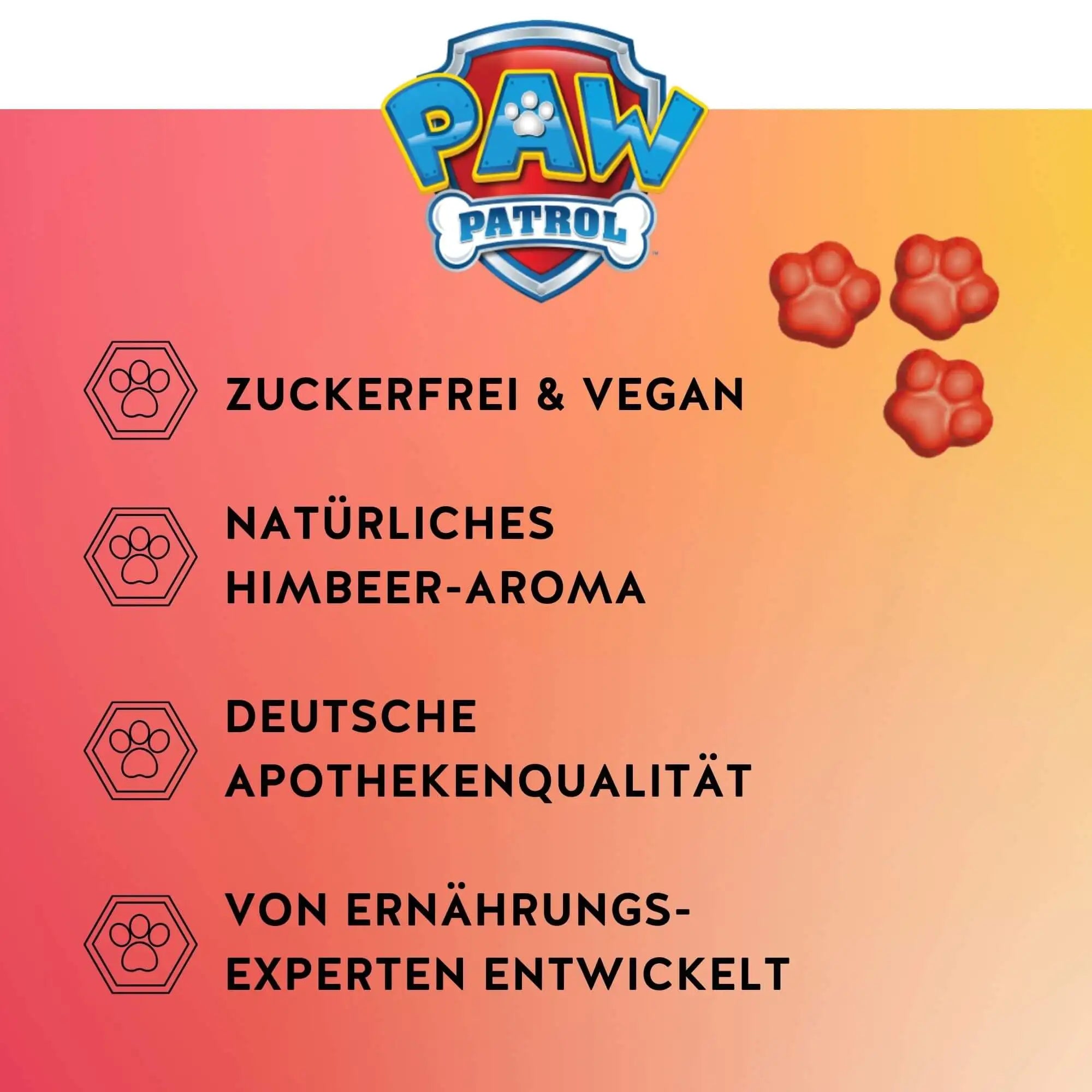 Auf diesem Bild sind die Benefits des Produkts Power Paws Vitamine mit Multivitamin-Komplex von Bears with Benefits dargestellt. Zuckerfrei & vegan, natürliches Himbeer-Aroma, deutsche Apothekenqualität und von Ernährungsexperten entwickelt.