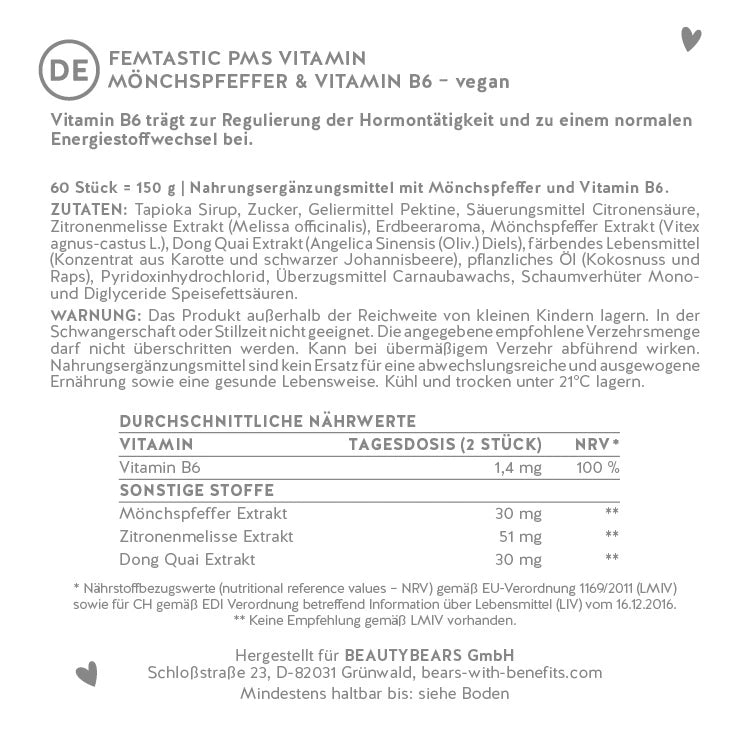 Hier siehst du die Nährstofftabelle der Femtastic PMS Vitamin mit Mönchspfeffer und Vitamin B6 von Bears with Benefits.