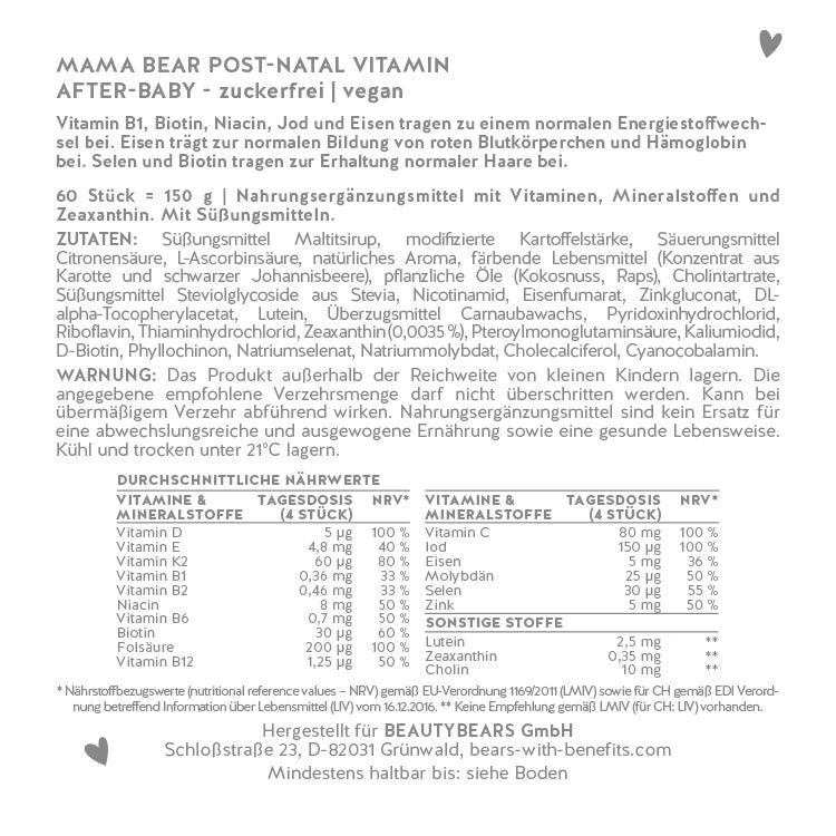 Hier siehst du die Nährstofftabelle der Mama Bear Post-Natal zuckerfrei Vitamin von Bears with Benefits.