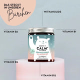 Auf diesem Bild sind die Inhaltsstoffe der Keepin `It Calm Bärchen mit Ashwagandha & B-Komplex von Bears with Benefits dargestellt. Withanolide, Vitamin B2, Vitamin B6, Vitamin B12 und Vitamin B1.