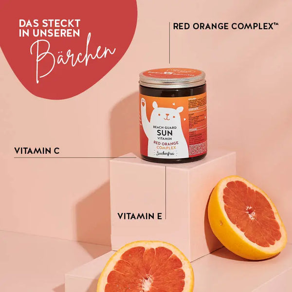 Diese Inhaltsstoffe und Nährstoffe stecken in den Beach Guard Sun Vitamins von Bears with Benefits: Red Orange Complex, Vitamin C und Vitamin E