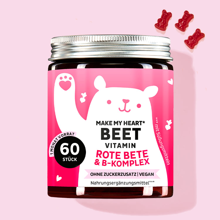 Auf diesem Bild ist eine Dose You Make My Heart Beet mit Thiamin für die Herzfunktion abgebildet. Das Produkt ist von Bears with Benefits.