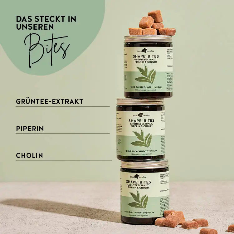 Auf diesem Bild sind die Inhaltsstoffe den Shape Bites für den Fettstoffwechsel zu sehen. Das Produkt ist von Bears with Benefits. 