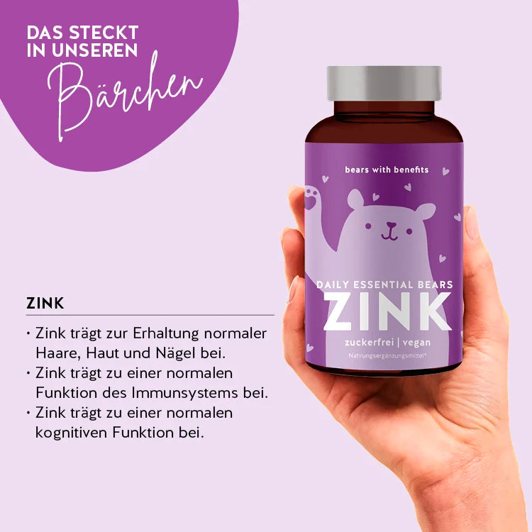 So wirken die Daily Essential Bärchen mit Zink: Zink trägt zur Erhaltung normaler Haare, Haut und Nägel bei, Zink trägt zu einer normalen Funktion des Immunsystems bei, Zink trägt zu einer normalen kognitiven Funktion bei.